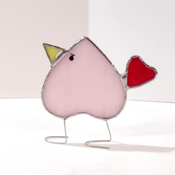 Stained Glass Love Bird Standing Bird, Pink and Red Heart Shaped Bird Suncatcher, Windowsill Free Standing Bird, Valentines Day Gift