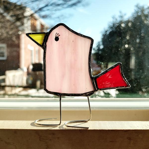 Stained Glass Standing Bird, Funky Glass Bird, Pink and Red Bird Suncatcher, Windowsill Free Standing Bird