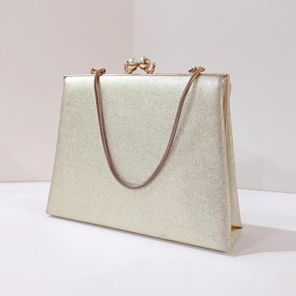 Vintage Bobbie Jerome Gold Metallic Evening Clutch Purse with Chain Handle and Pearl Clasp, 1950's-60's Formal Purse