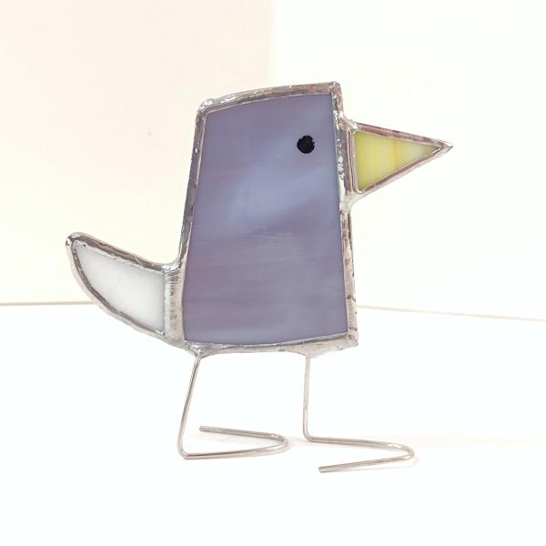 Stained Glass Standing Bird, Funky Glass Bird, Purple and Iridescent White Bird Suncatcher, Windowsill Sitter