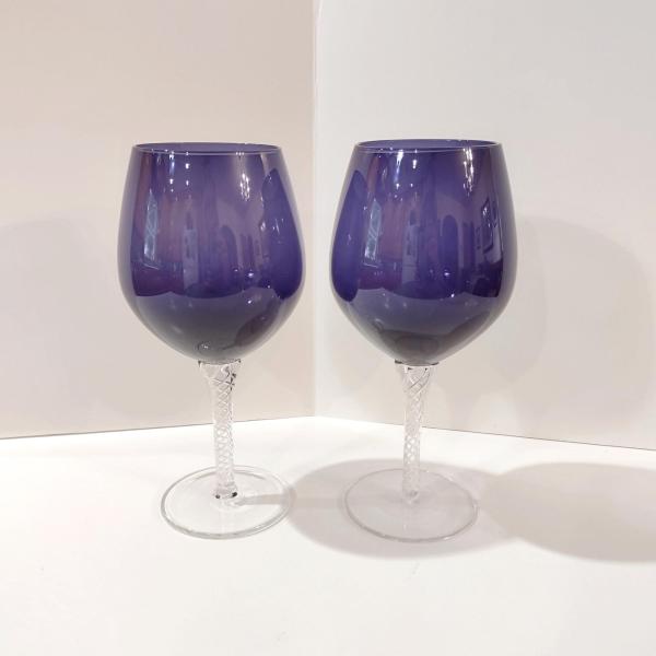 Vintage Purple Balloon Wine Glasses,  Artland Braid Plum Blown Glass Wine / Water Goblets, Set of Two