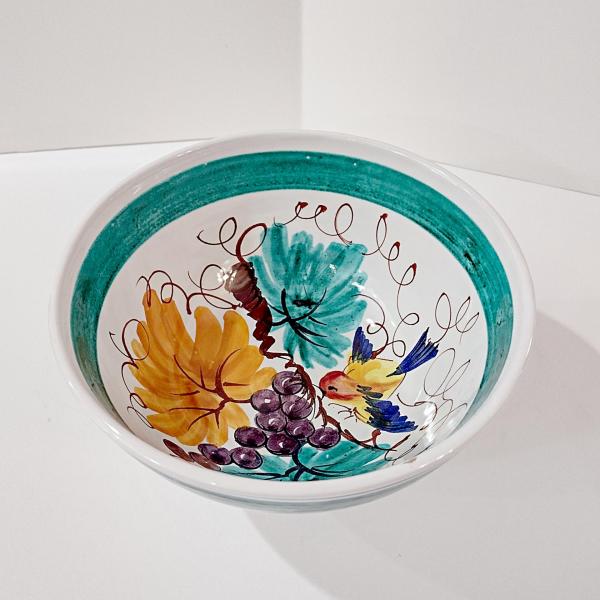 Vintage Hand Painted Italian Majolica Footed Ceramic Bowl with Bird, Grapes, and Floral Design, PV Peasant Village Italy Pottery