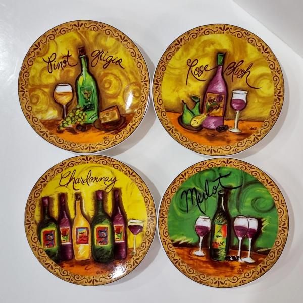 Vintage Pfaltzgraff Wine Tasting Bread and Butter Plates, Set of Four, Old World Style Wine and Cheese Plates