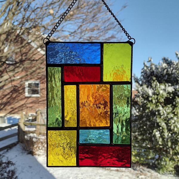 Rainbow Geometric Stained Glass Panel Suncatcher, Mondrian Stained Glass Art, Custom Colors Available