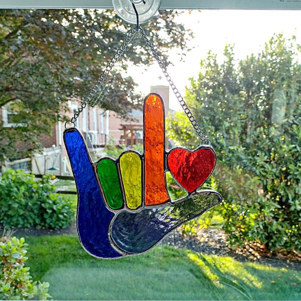 ASL I Love You Stained Glass Suncatcher, Rainbow Glass Hand with Heart, Sign Language Love Deaf Hearing Impaired Gift