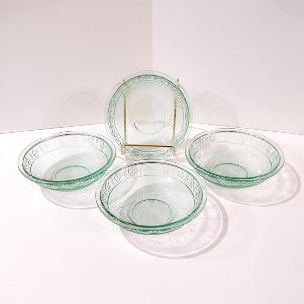 Vintage Green Recycled Glass Bowls with Embossed Daisy Flower Design, Set of Four
