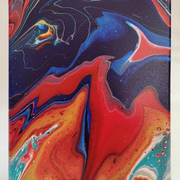 Moody Blue and Red Abstract Original Acrylic Pour Painting, 8" x 10", Fluid Art Painting
