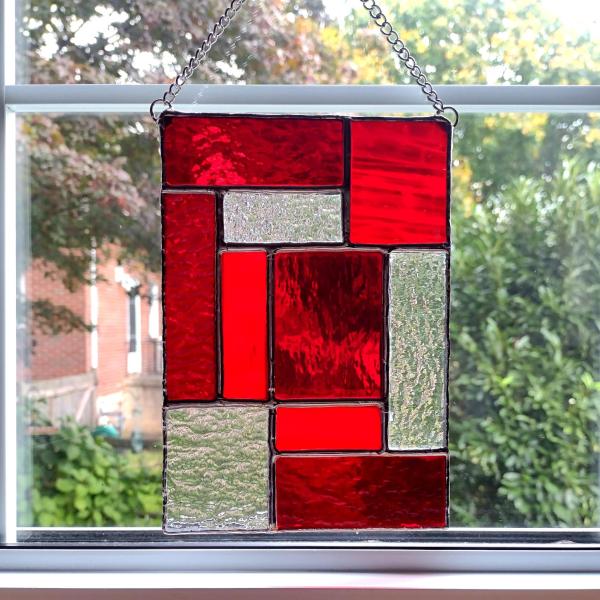 Red and Clear Mondrian Style Geometric Stained Glass Suncatcher