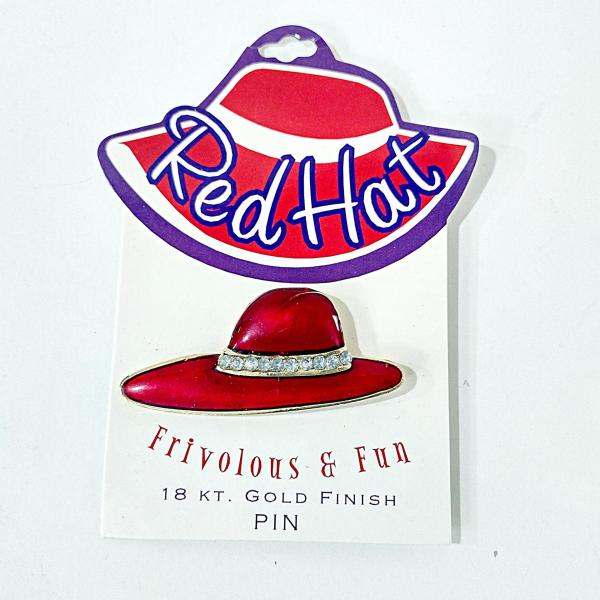 Vintage Frivolous and Fun Red Hat Enamel and Rhinestone Pin, Red Hat Society Pin