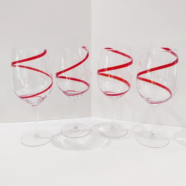 Vintage Pier One Red Swirline Water Goblets Wine Glasses, Set of Four