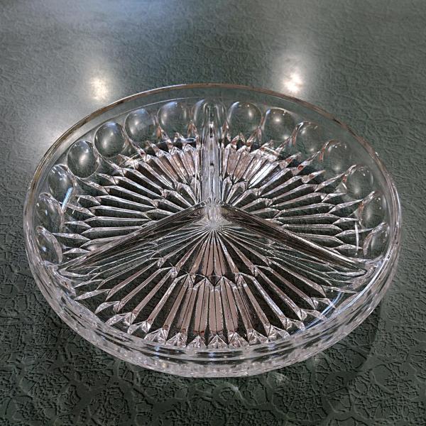 Vintage Clear Pressed Glass Three Section Divided Serving Dish, Round Relish Tray, Sectioned Charcuterie Dish