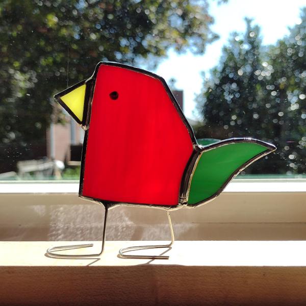Stained Glass Standing Bird, Funky Glass Bird, Red and Green Bird Suncatcher, Windowsill Sitter Free Standing Bird