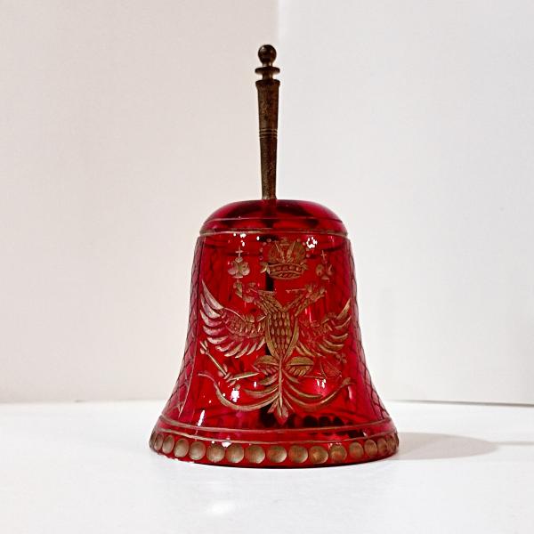 Vintage Bohemian Red Flash Glass Etched Bell with Gold Accents