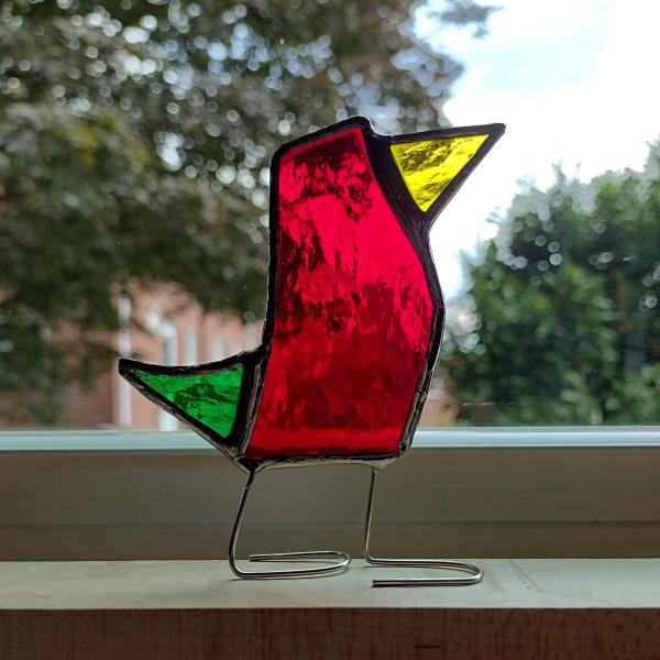 Stained Glass Standing Bird, Funky Glass Bird, Red and Green Bird Suncatcher, Windowsill Free Standing Bird