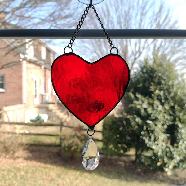 Red Cathedral Stained Glass Heart with Dangling Vintage Crystal