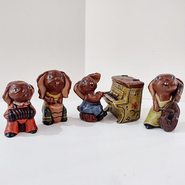 Vintage Bunny Rabbit Musician Ceramic Figurines, Set of Five, Music Group Miniatures with Piano