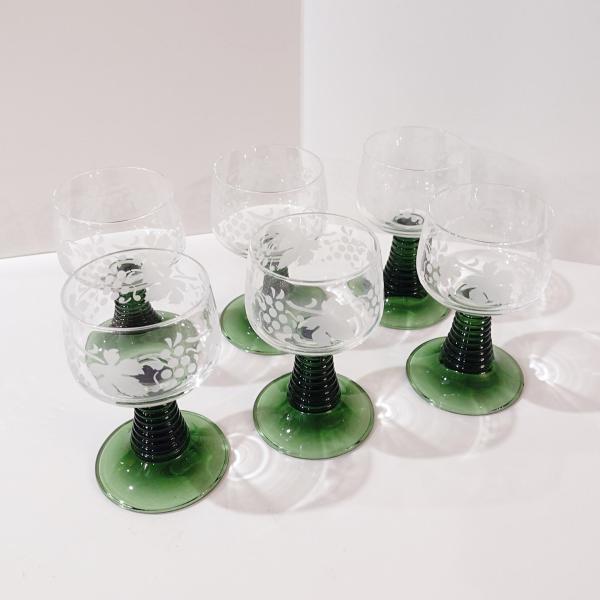 Vintage Green Roemer Wine Glasses with Etched Grapevine Design, Set of 6