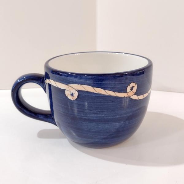Vintage Blue Nautical Rope Boat Captain Sailor Ceramic Coffee Tea Oversized Mug, KIG Brushes Hand Painted Mug