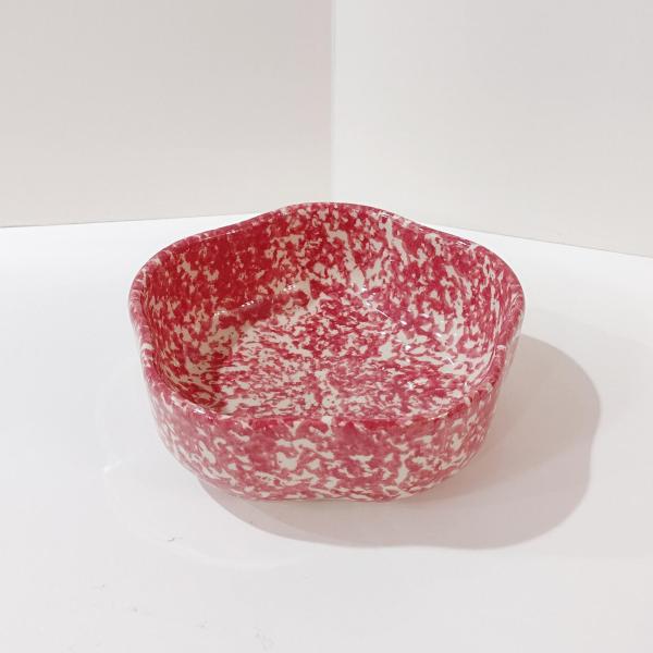 Vintage Rose Red Pink Spongeware Ceramic Petal Serving Bowl, Roseville Spongware Pottery, Workshops of Gerald E Henn Pottery