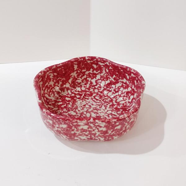 Vintage Rose Red Spongeware Ceramic Petal Serving Bowl, Roseville Spongware Pottery, Workshops of Gerald E Henn Pottery