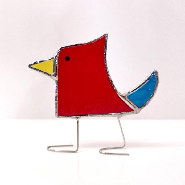 Stained Glass Standing Bird, Funky Glass Bird, Red and Turquoise Aqua Blue Bird Suncatcher, Windowsill Free Standing Bird