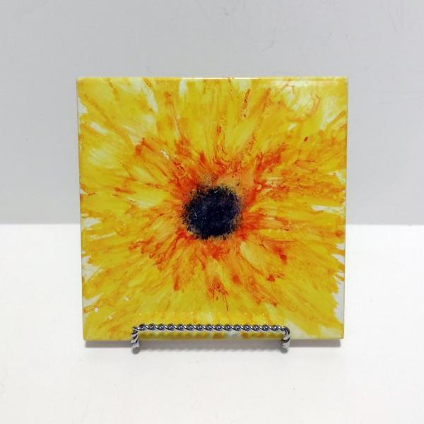 Alcohol Ink Ceramic Tile Trivet, 6" x 6", Orange and Yellow Sunflower Painting