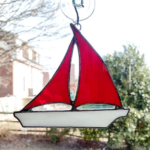 Red and White Stained Glass Sailboat Suncatcher