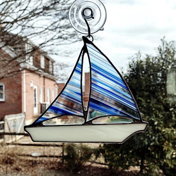 Stained Glass Sailboat Suncatcher, Blue and White Striped