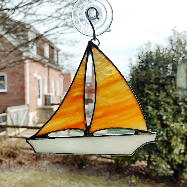 Stained Glass Sailboat Suncatcher, Orange and White Boat Ornament