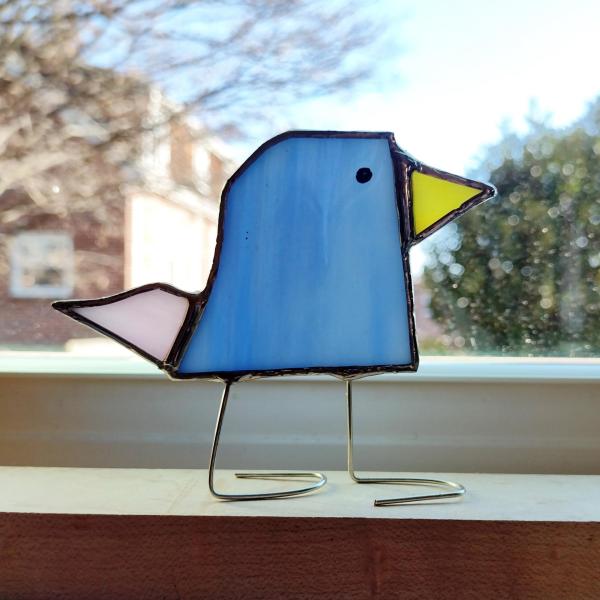 Stained Glass Standing Bird, Funky Glass Bird, Blue and Pink Bird Suncatcher, Windowsill Free Standing Bird