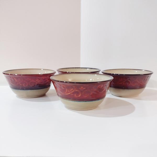 Pier One Red Scroll Ceramic Soup Cereal Large Bowls, Set of Four, Tuscan Style Bowls