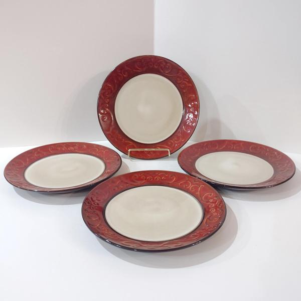 Pier One Red Scroll Ceramic Salad Appetizer Plates, Set of Four, Tuscan Style Plates