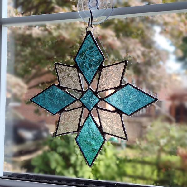 Blue Snowflake Stained Glass Suncatcher, Lacy Glue Chip Glass