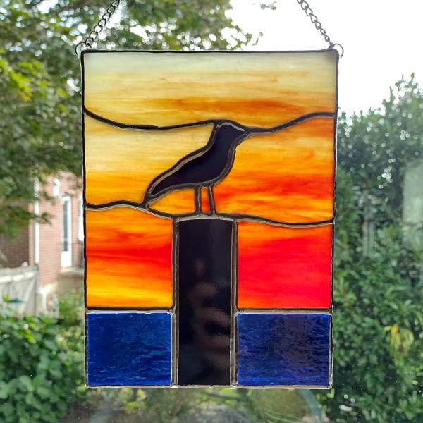 Sunset Sea Gull Stained Glass Suncatcher, Silhouette Bird on a Piling Picture