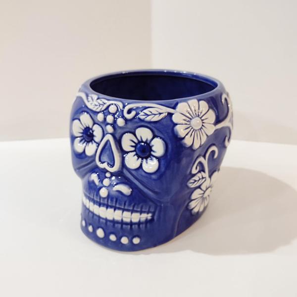 Sugar Skull Day of the Dead Planter, Blue and White Skull Planter, Halloween Decor