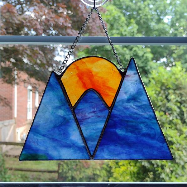 Stained Glass Mountain Sunset/Sunrise Suncatcher, Blue and Purple