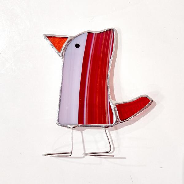 Stained Glass Standing Bird, Funky Glass Bird, Red and White Striped Bird Suncatcher, Windowsill Free Standing Bird