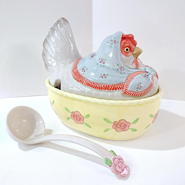 Vintage Fitz and Floyd Nesting Hen Oval Soup Tureen with Ladle 3 Piece Set, Large Chicken Soup Covered Ceramic Serving Bowl