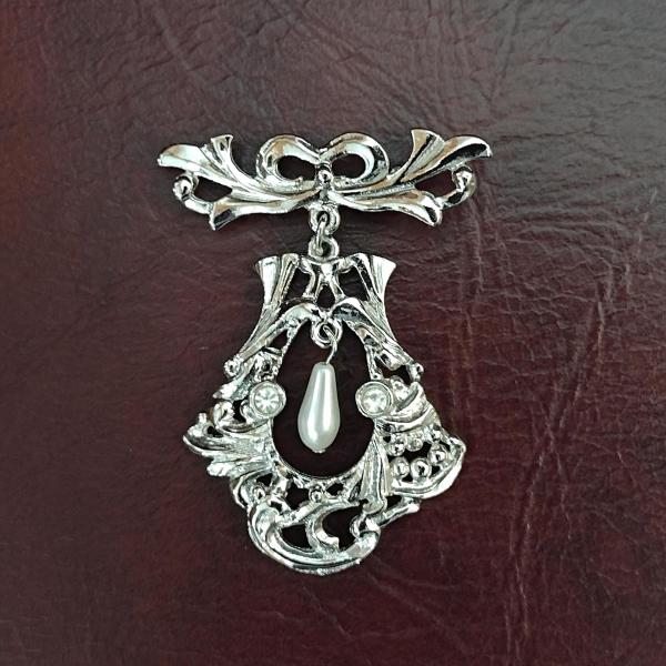 Vintage Silver and Pearl Pin Brooch, Dangle Silver Lapel Coat Scarf Pin