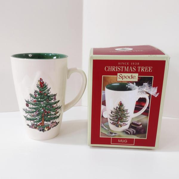 Vintage Spode Christmas Tree Latte Mug with Original Box, Green Interior and Raised Design, 1938 - Current Backstamp