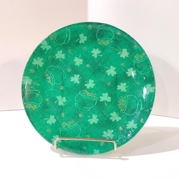 Vintage Green and Gold Shamrock Pot of Gold St. Patrick's Day Glass Plate