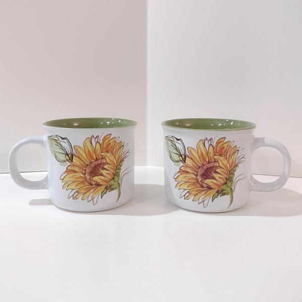 Vintage Sunflower 18 Ounce Ceramic Coffee Tea Mugs, Set of 2