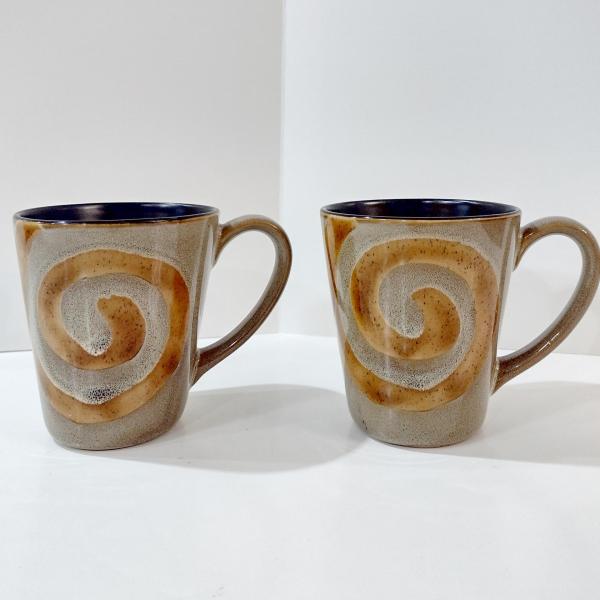 Vintage Brown and Tan Swirled Ceramic Coffee Tea Mugs, Set of Two, Oversized Stoneware Mugs