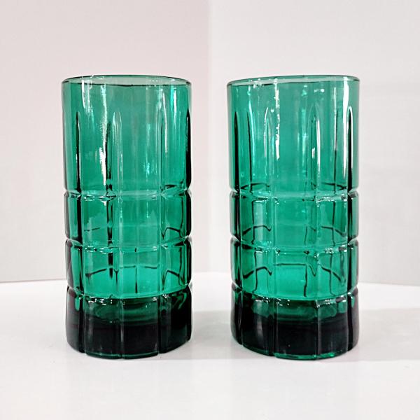 Vintage Anchor Hocking Dark Green Tartan Flat Iced Tea Glasses Tumblers, Set of Two