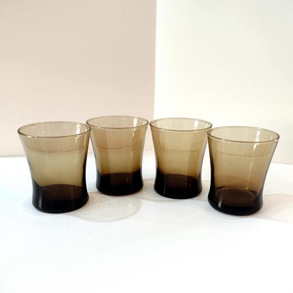 Anchor Hocking Linden Mocha Smoky Brown Short Flat Tumblers, Set of Four, Vintage Rocks Whiskey Glasses