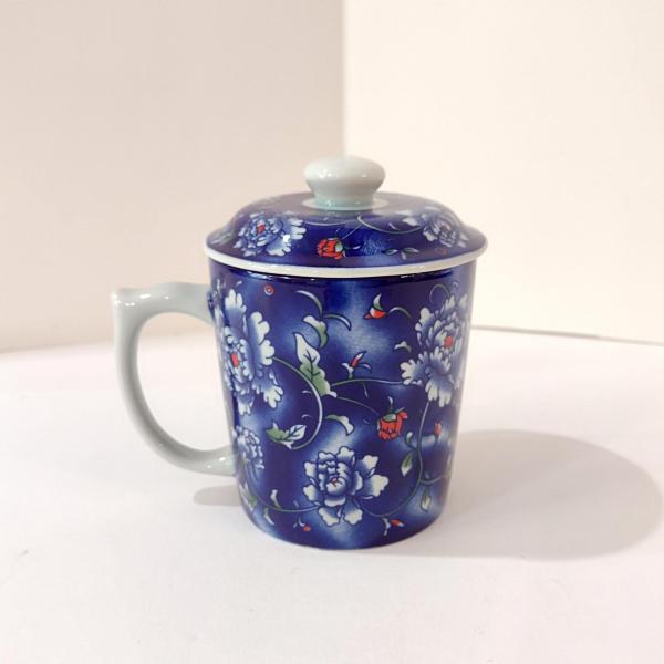 Vintage Ceramic Tea Cup with Lid and Tea Infuser, Hand Painted Blue Floral Chinese Tea Cup