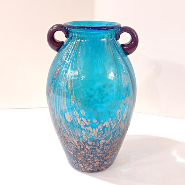 Vintage Dale Tiffany Peacock Blue Favrile Glass Amphora Vase with Copper Flecks and Amethyst Handles