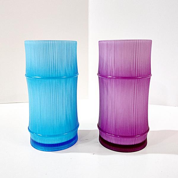 Vintage Bamboo Tiki Tumblers, Ribbed Plastic Blue and Purple Luau Drinkware, Set of Two
