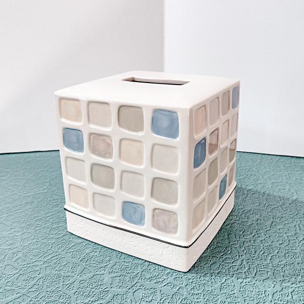 Vintage Ceramic Square Tissue Box Cover Holder with Blue Beige Tan Mosaic Geometric Design