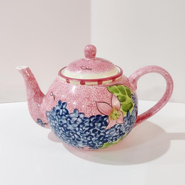 Vintage Laurie Gates Hydrangea Ceramic Pink Spongeware Tea Pot